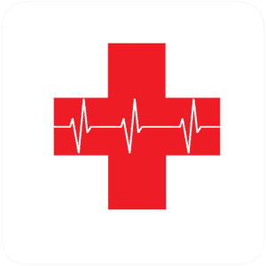 Red cross with heartbeat image in white